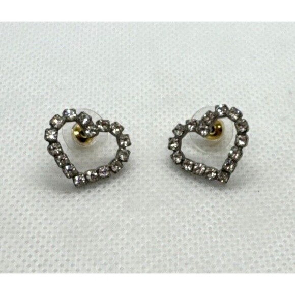 Vintage Clear Rhinestone‎ Silver Tone Heart Shaped Pierced Earrings Retro Glam - Picture 2 of 7